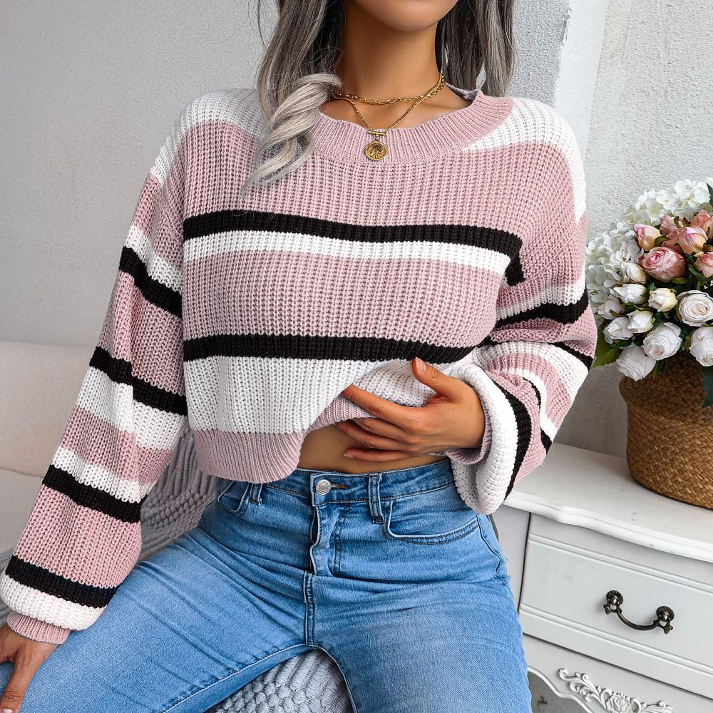 Wholesale Ladies Mid-Long Sleeve Casual Striped Pullover Sweater Winter Short Color-Blocking Knitted Pullover Twist Pattern  Sweaters