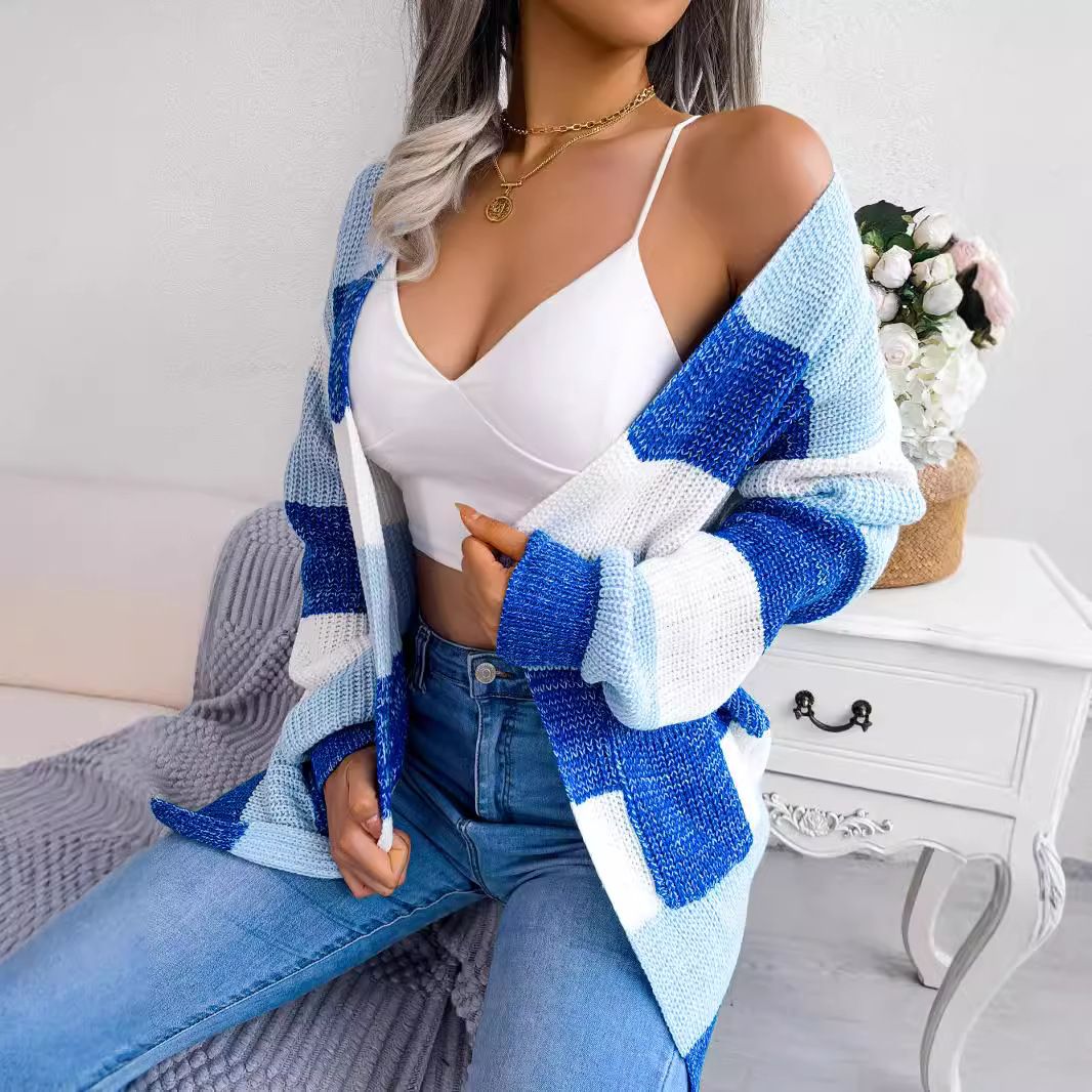 Autumn Winter Color Contrast Striped Lantern Sleeve Sweater Casual Cardigan Knitted Women's Sweater Coat