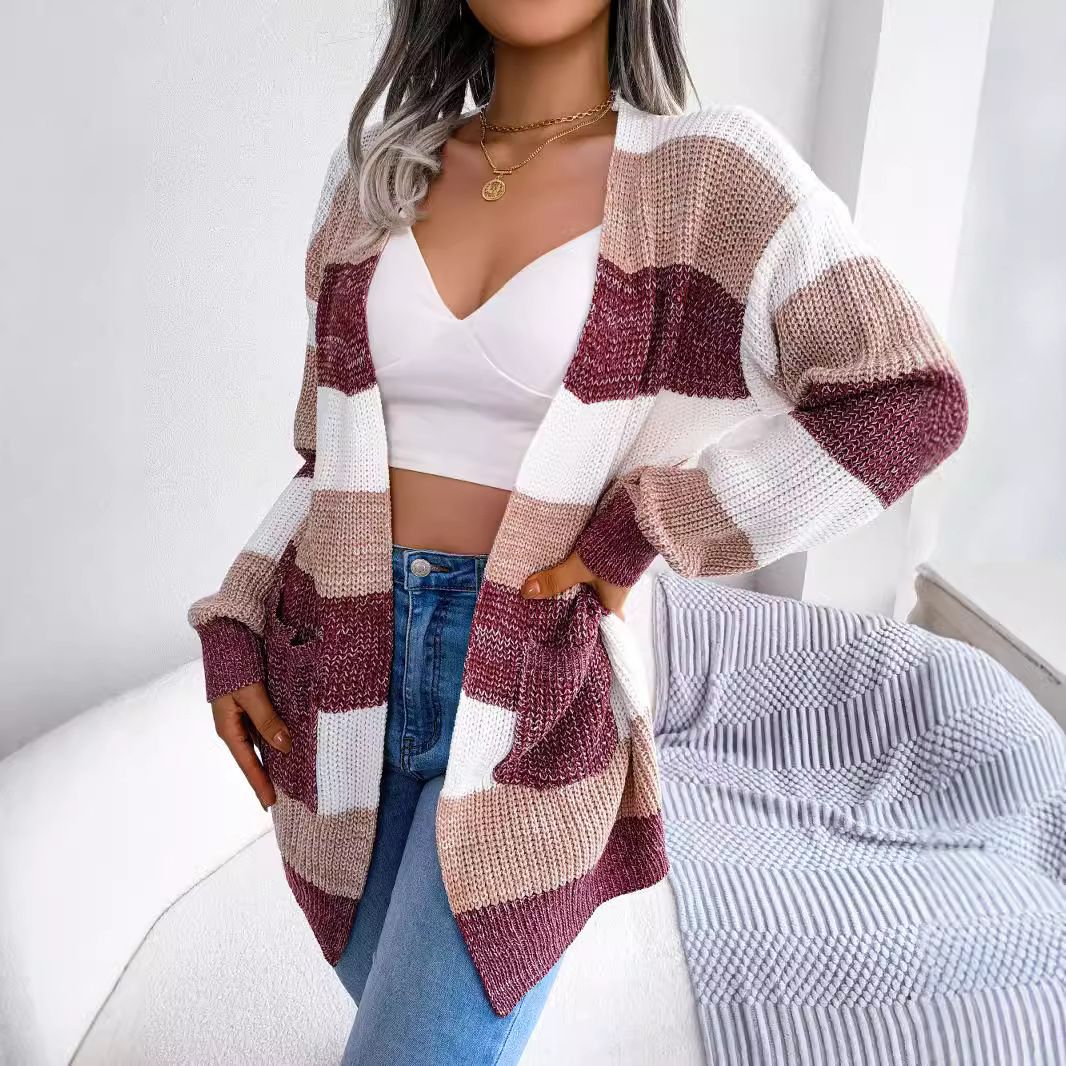 Autumn Winter Color Contrast Striped Lantern Sleeve Sweater Casual Cardigan Knitted Women's Sweater Coat