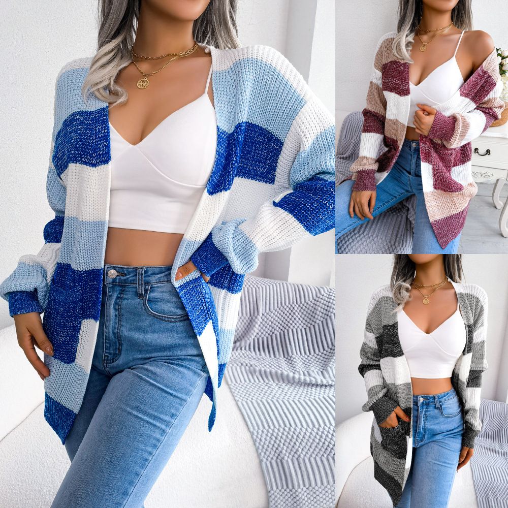 Autumn Winter Color Contrast Striped Lantern Sleeve Sweater Casual Cardigan Knitted Women's Sweater Coat