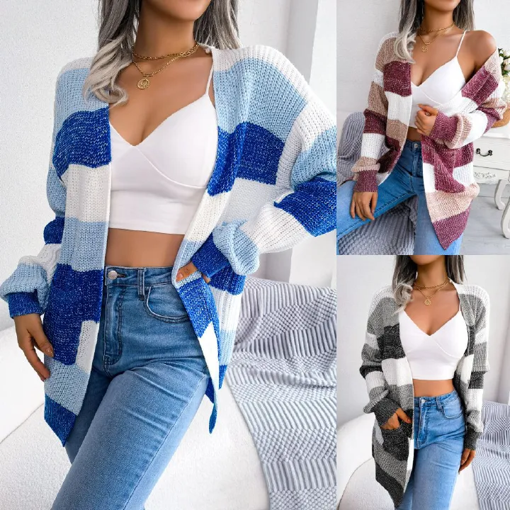 Autumn Winter Color Contrast Striped Lantern Sleeve Sweater Casual Cardigan Knitted Women's Sweater Coat