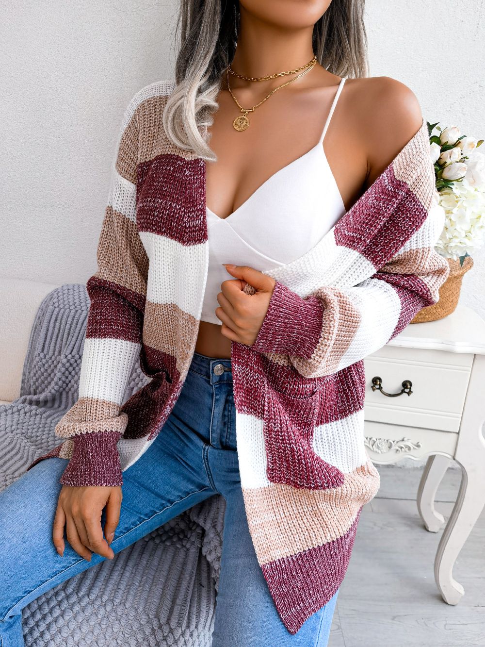 Autumn Winter Color Contrast Striped Lantern Sleeve Sweater Casual Cardigan Knitted Women's Sweater Coat