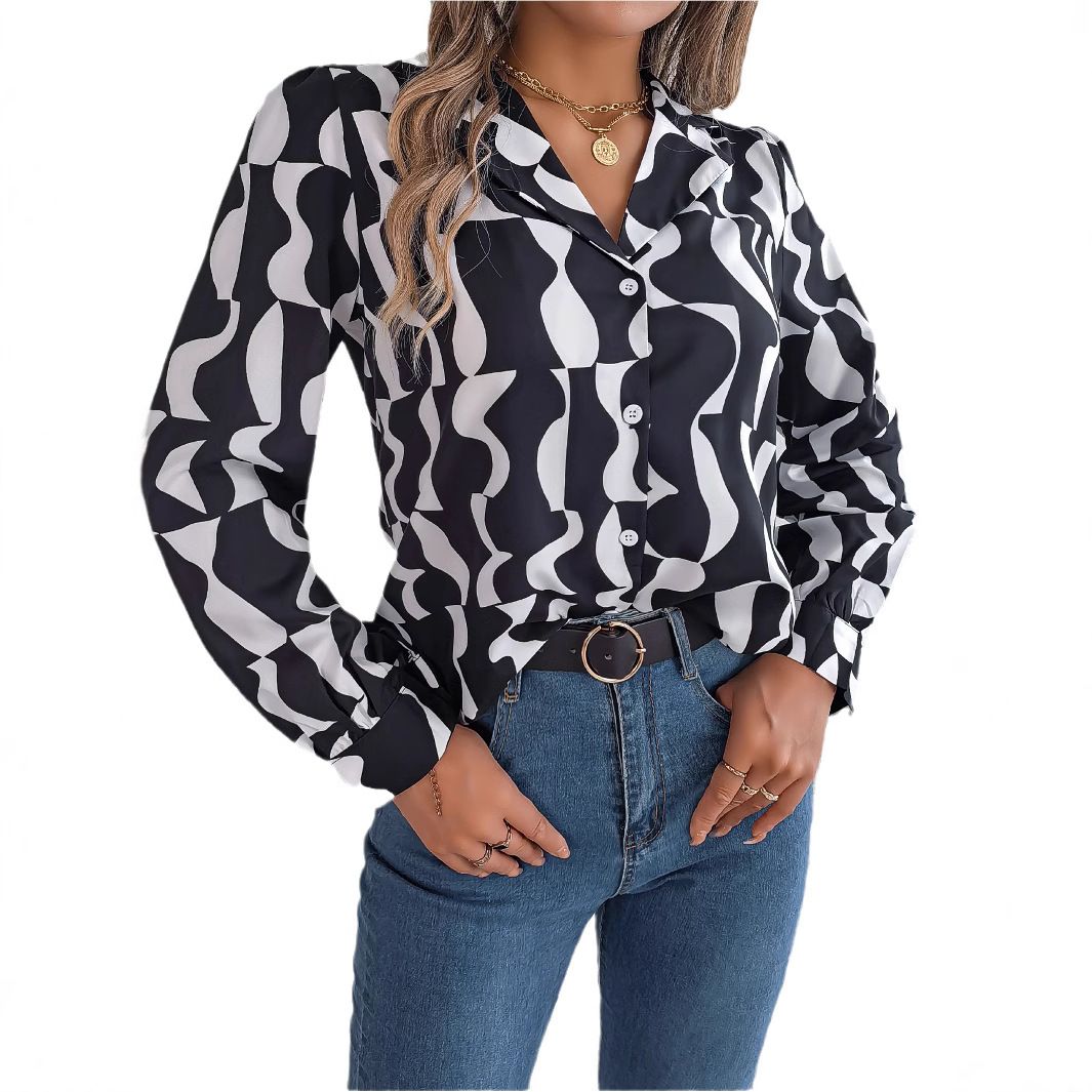 Women Chiffon Blouse Female V Neck Casual Long Sleeve Pleated Print Pullover Fashion Office Shirt Ladies Clothing