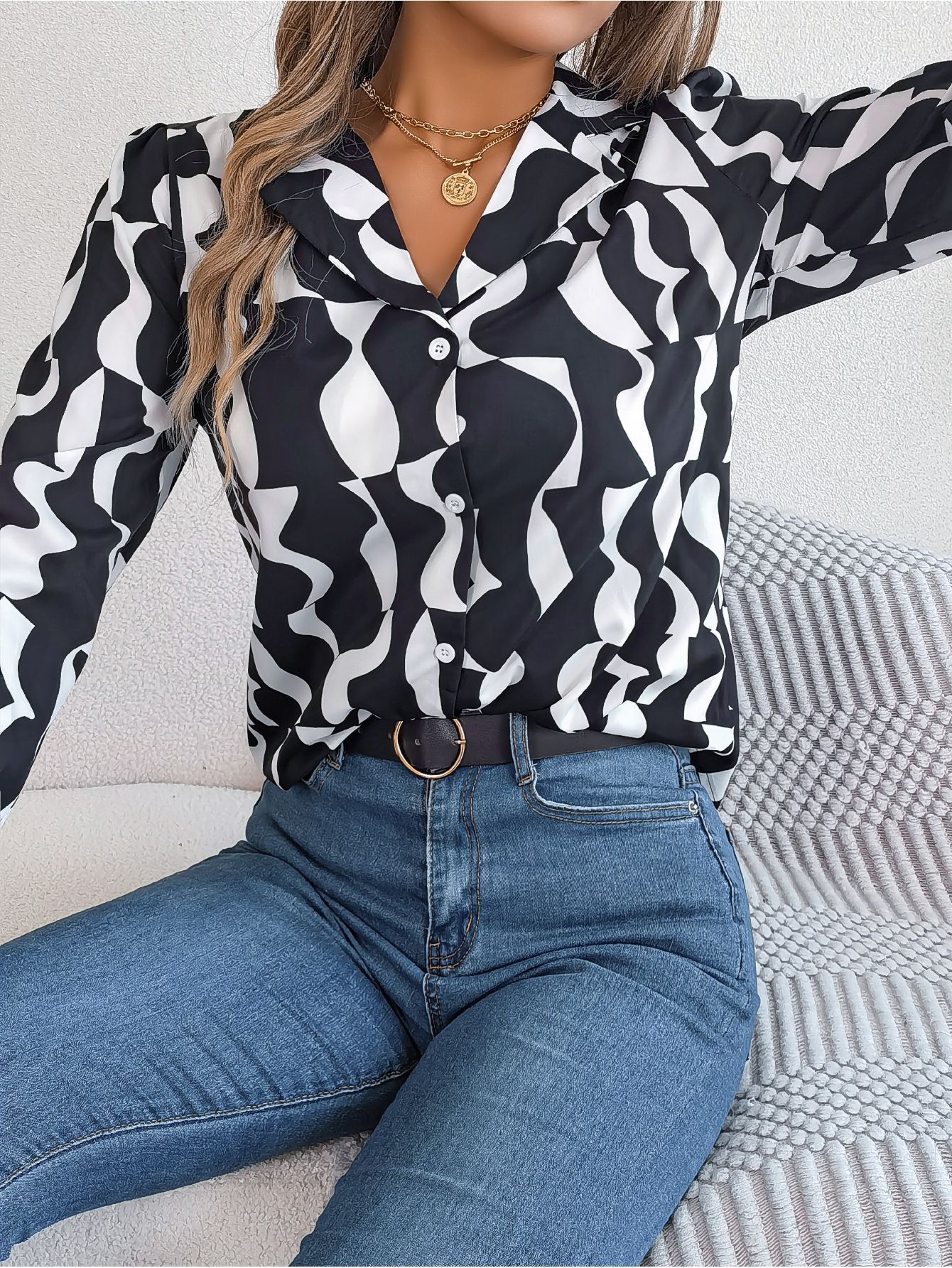 Women Chiffon Blouse Female V Neck Casual Long Sleeve Pleated Print Pullover Fashion Office Shirt Ladies Clothing