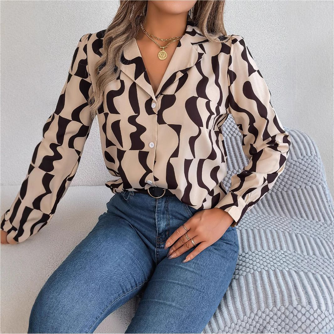 Women Chiffon Blouse Female V Neck Casual Long Sleeve Pleated Print Pullover Fashion Office Shirt Ladies Clothing