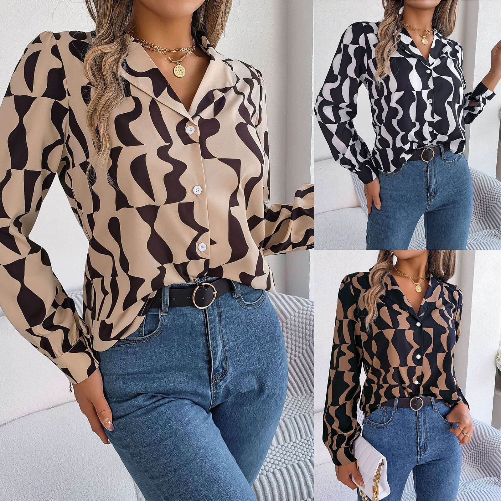 Women Chiffon Blouse Female V Neck Casual Long Sleeve Pleated Print Pullover Fashion Office Shirt Ladies Clothing