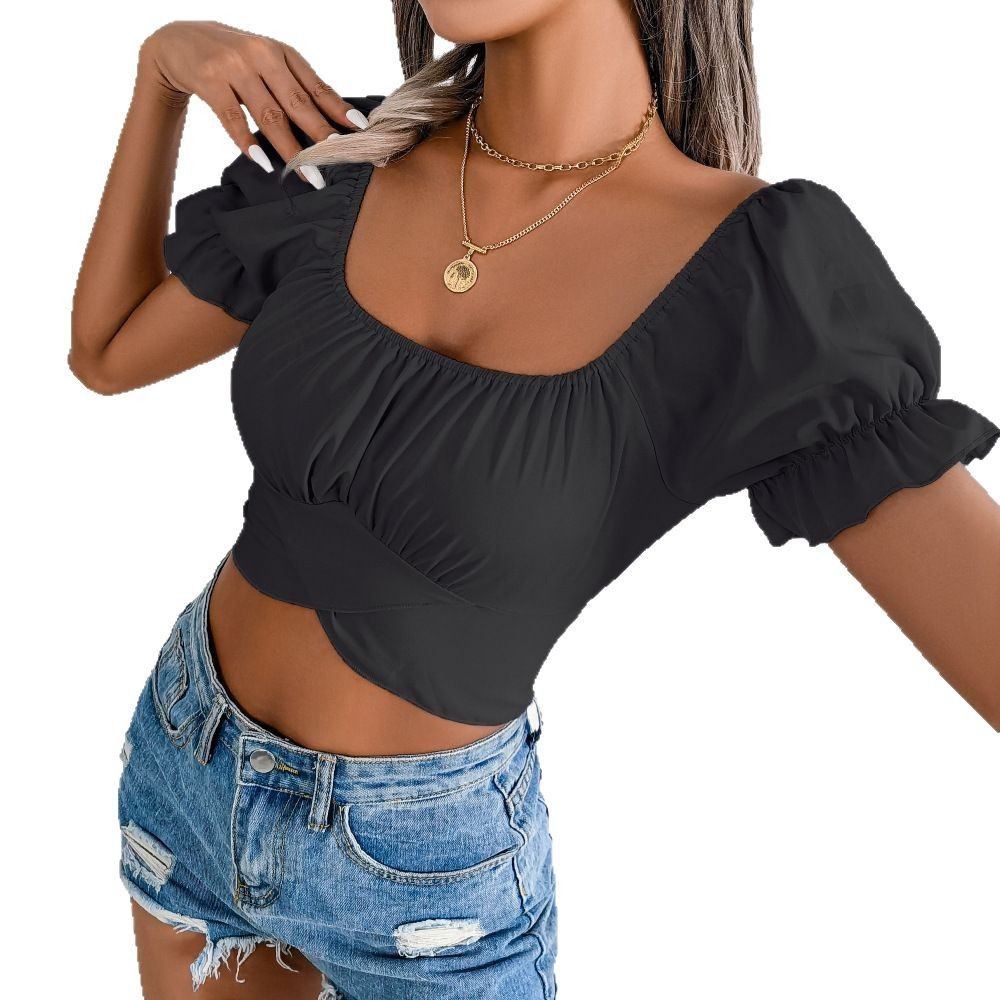 Summer Chiffon Short Sleeve Blusas Women Pure Color Ruched Bandage Low Cut Sexy Crop Top Female Black Green Blusas T-Shirts