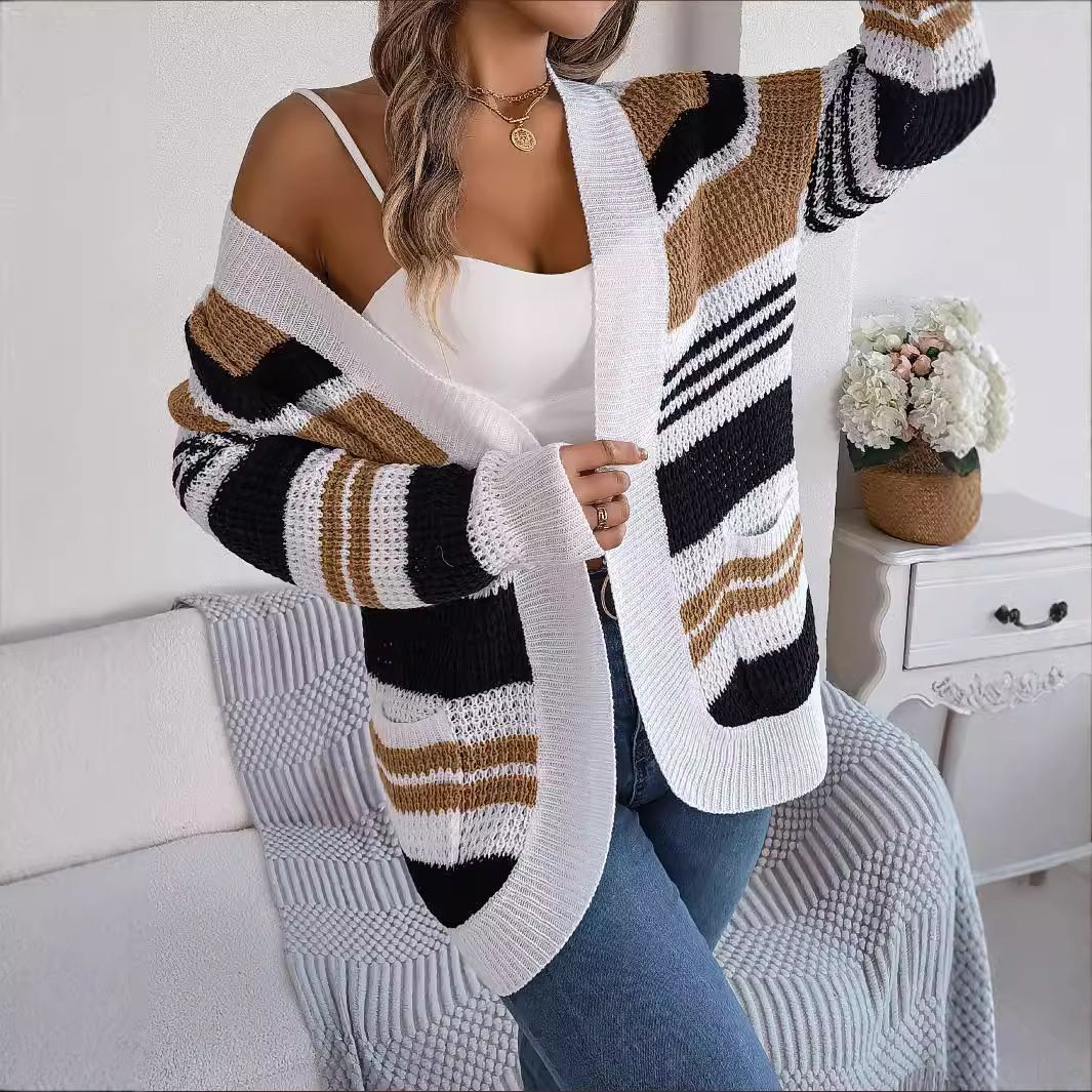Cardigan for Women Hip-hop Casual Hidden Pocket Striped Knitted Sweater Coat Loose Single Breasted v Neck Jacket  Sweaters