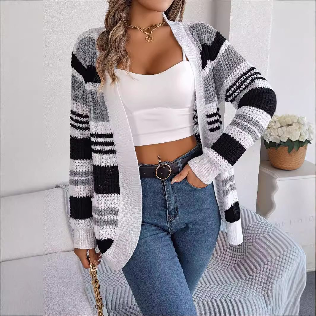 Cardigan for Women Hip-hop Casual Hidden Pocket Striped Knitted Sweater Coat Loose Single Breasted v Neck Jacket  Sweaters
