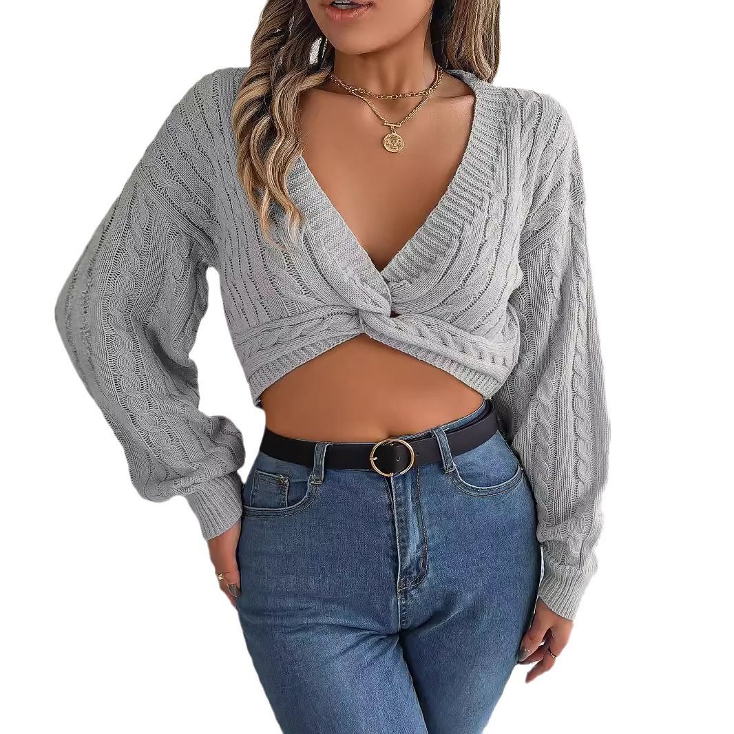Factory Wholesale Fall Fashion Twisted Front Cropped Sweater Sexy Plain Womens Rib Knit Long Sleeve Top  Sweaters