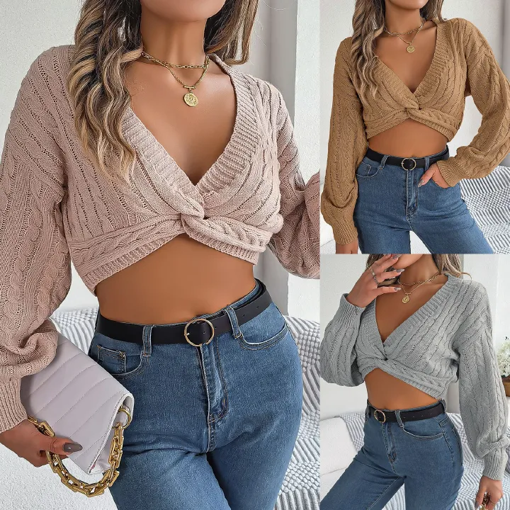 Factory Wholesale Fall Fashion Twisted Front Cropped Sweater Sexy Plain Womens Rib Knit Long Sleeve Top  Sweaters