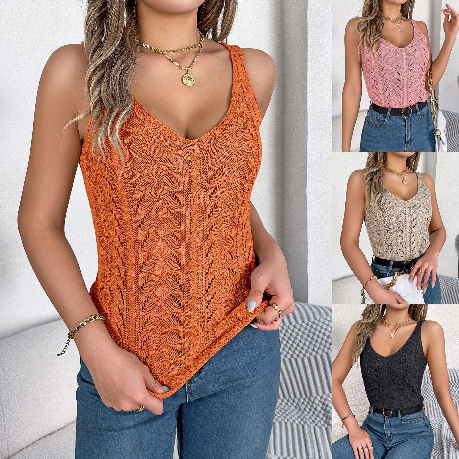 High Quality Sexy Women's Casual Summer Knitwear Blouse Strap Buckle & Button Detail Breathable Solid Pattern Tank Top
