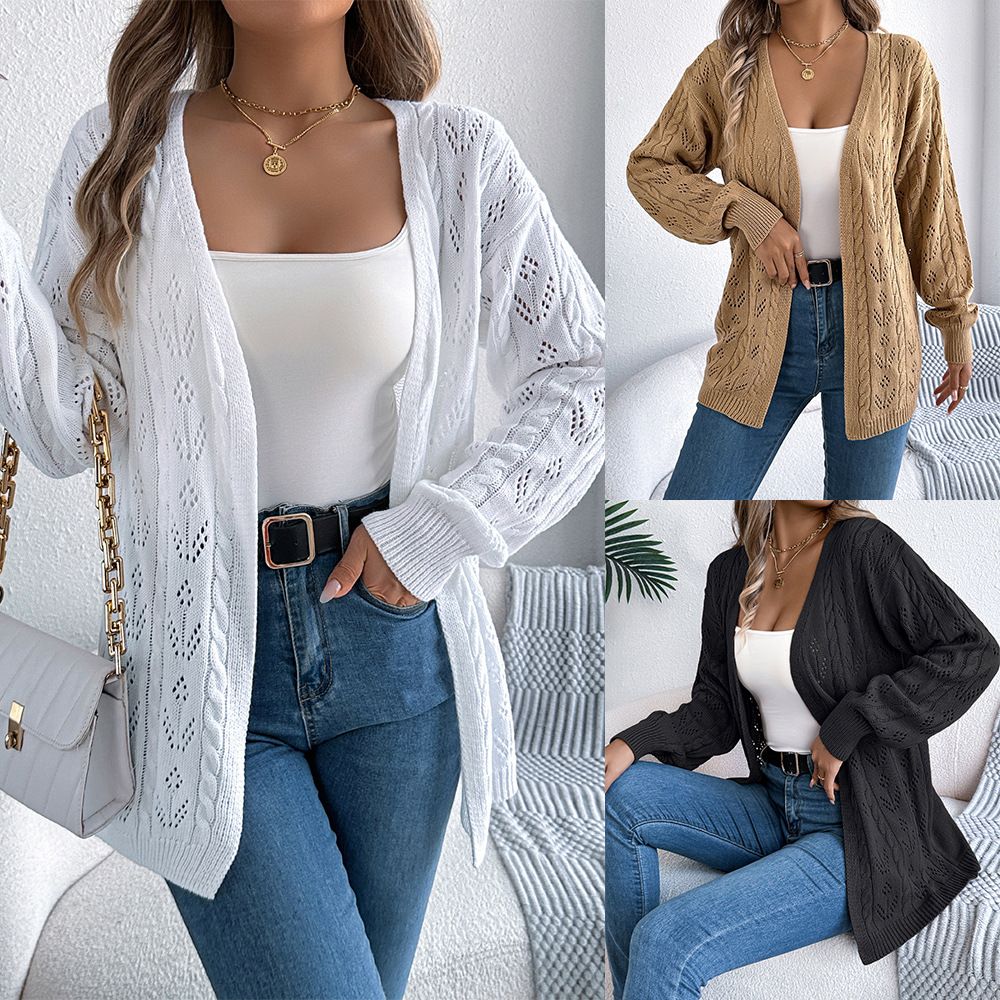 Female Open Long Sleeve Blouse Geometric Casual Knitted Cardigan Solid Color Loose Hollow Top Shirt Ladies Sweaters  Coats