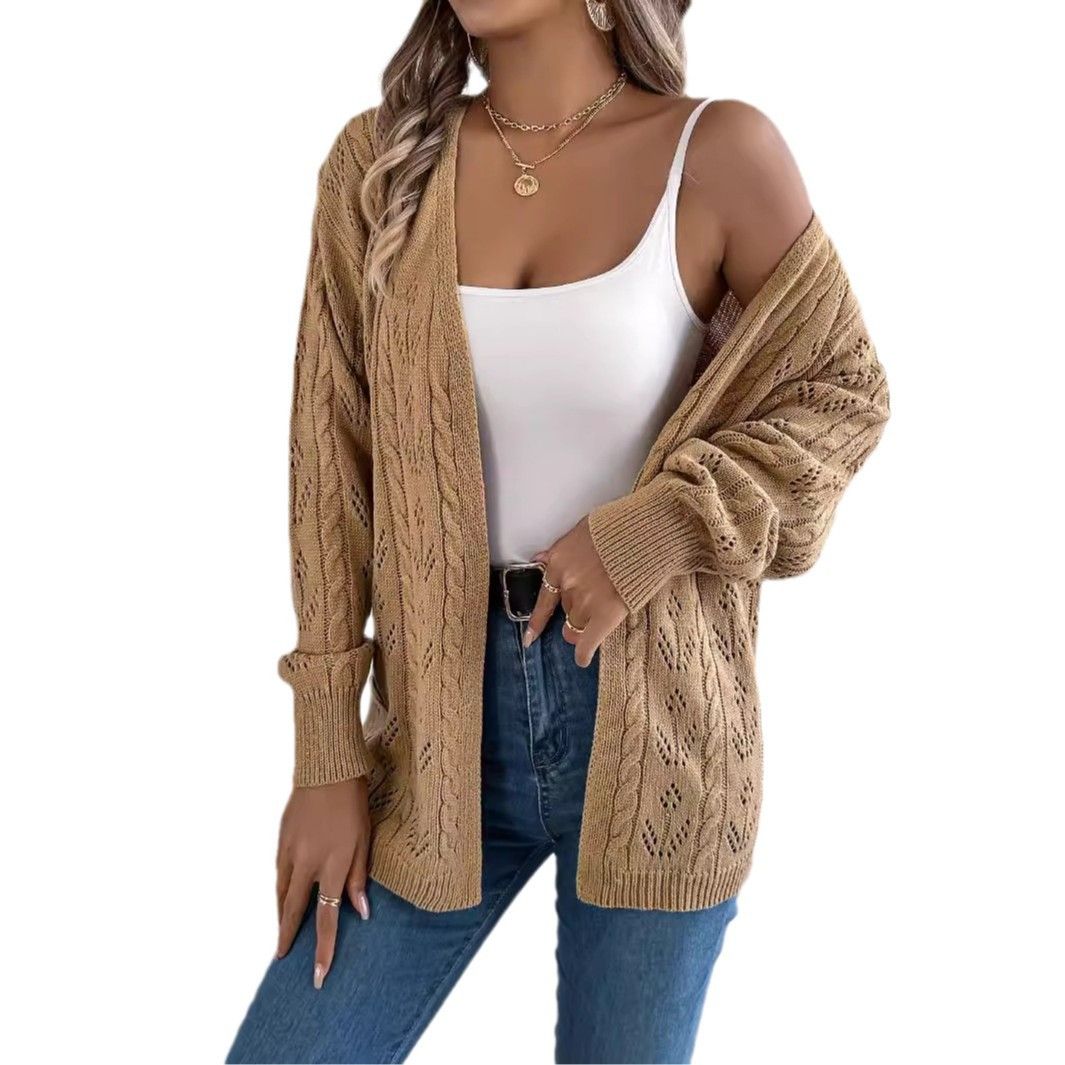 Female Open Long Sleeve Blouse Geometric Casual Knitted Cardigan Solid Color Loose Hollow Top Shirt Ladies Sweaters  Coats