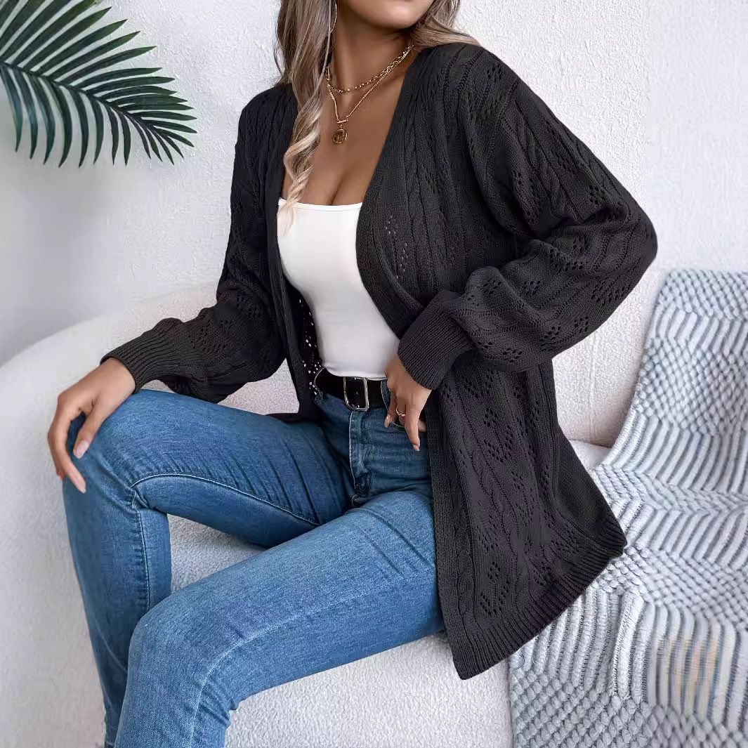 Female Open Long Sleeve Blouse Geometric Casual Knitted Cardigan Solid Color Loose Hollow Top Shirt Ladies Sweaters  Coats