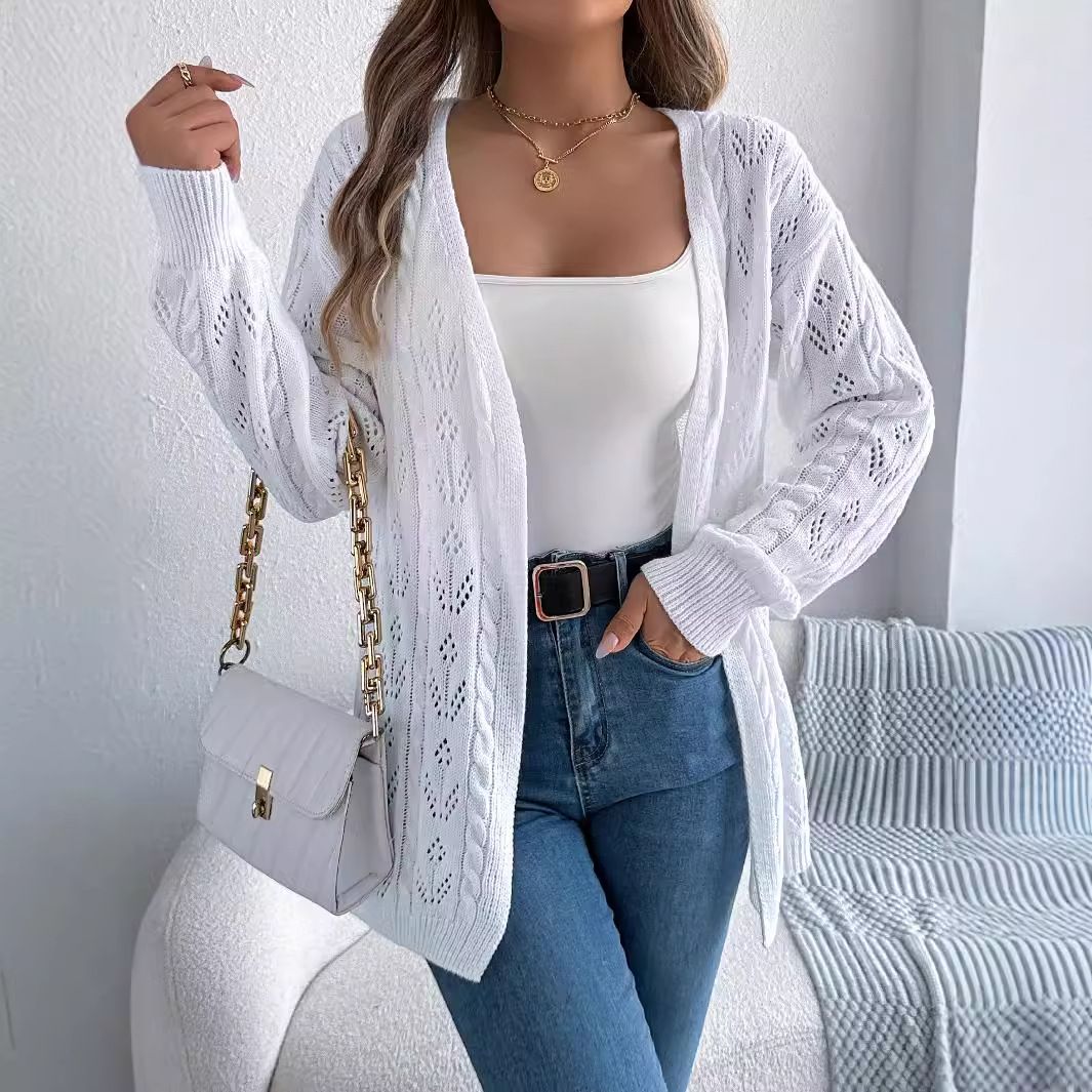 Female Open Long Sleeve Blouse Geometric Casual Knitted Cardigan Solid Color Loose Hollow Top Shirt Ladies Sweaters  Coats