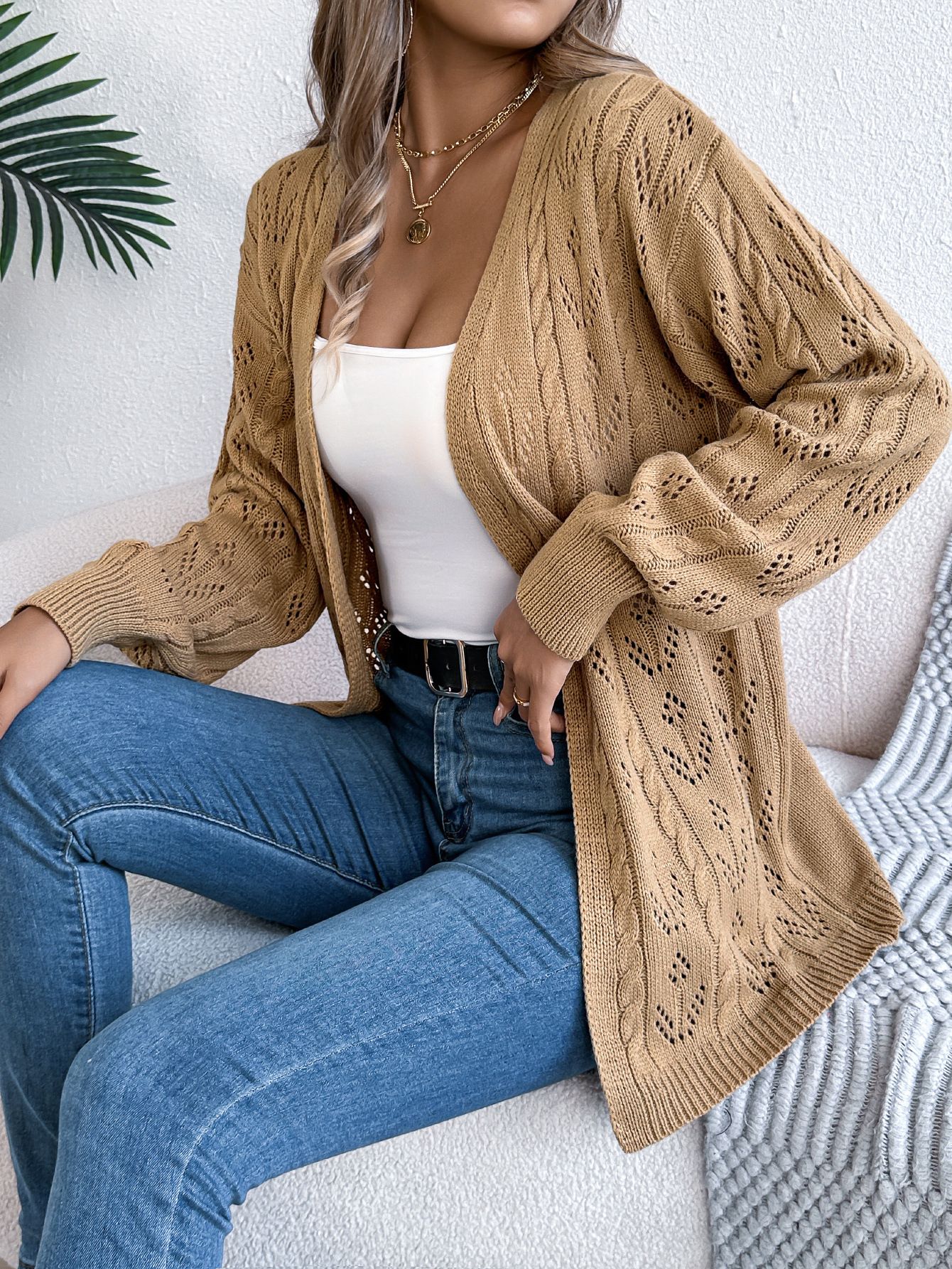 Female Open Long Sleeve Blouse Geometric Casual Knitted Cardigan Solid Color Loose Hollow Top Shirt Ladies Sweaters  Coats