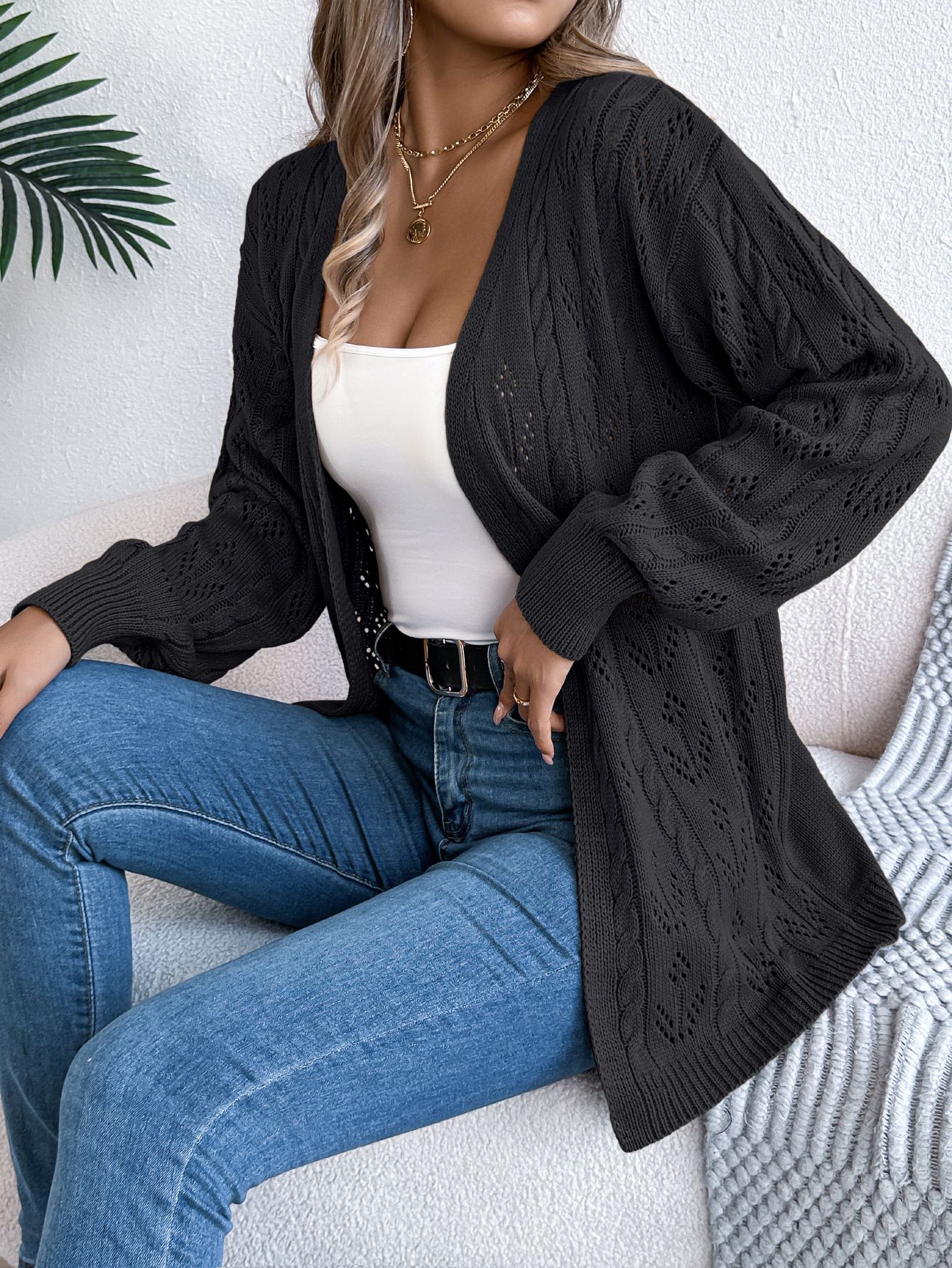 Female Open Long Sleeve Blouse Geometric Casual Knitted Cardigan Solid Color Loose Hollow Top Shirt Ladies Sweaters  Coats