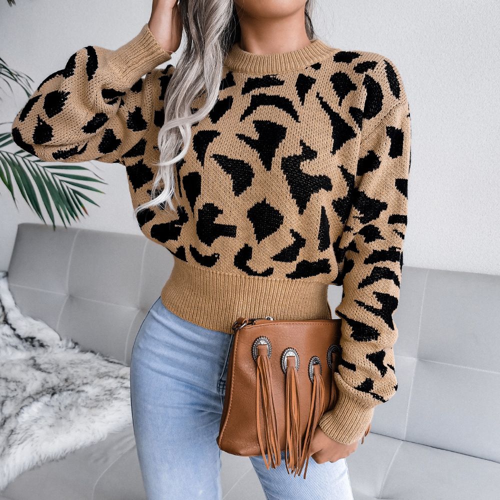 Women New Fashion Winter Long Sleeve Pullovers Women Crop Tops Blouse Leopard Knitted Sweater