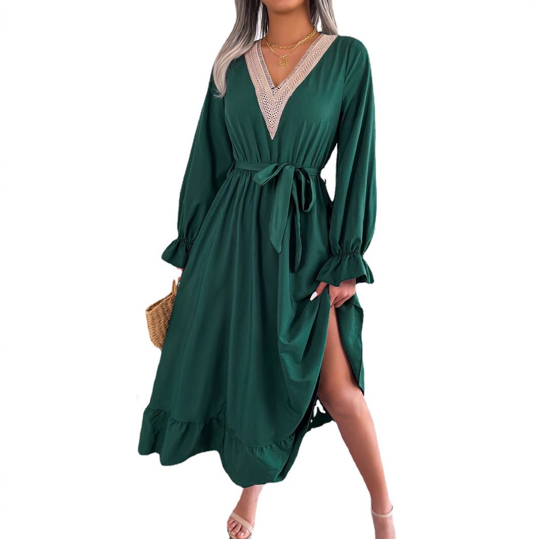 Fashion Women Summer Spring Explosive Custom Models V-neck Long-sleeved Chiffon Dresses in the Long Dress