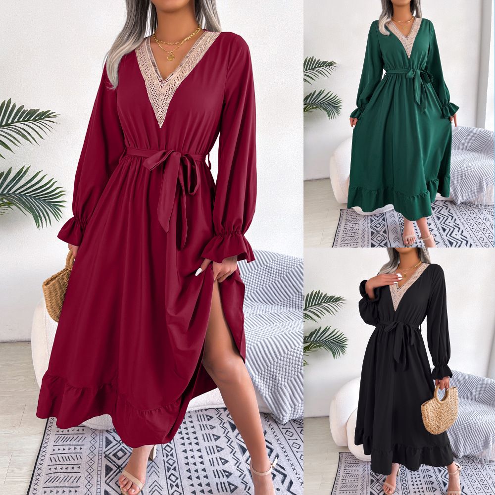 Fashion Women Summer Spring Explosive Custom Models V-neck Long-sleeved Chiffon Dresses in the Long Dress