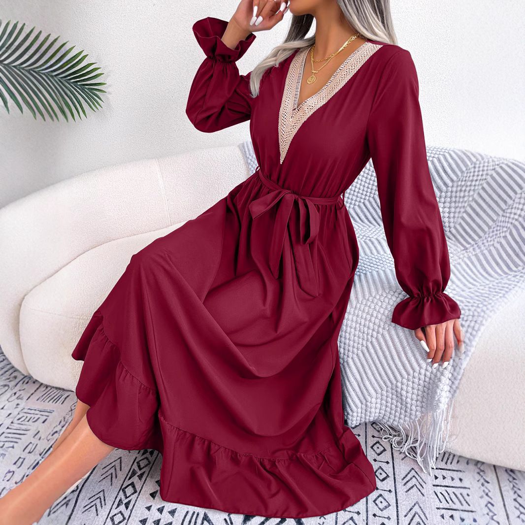 Fashion Women Summer Spring Explosive Custom Models V-neck Long-sleeved Chiffon Dresses in the Long Dress