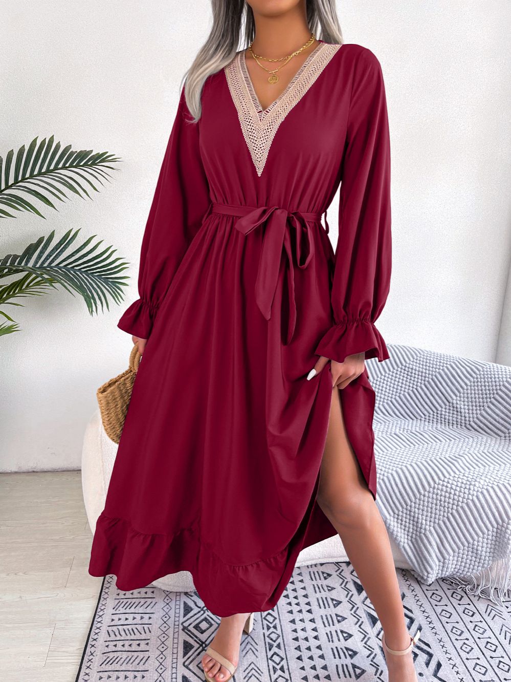 Fashion Women Summer Spring Explosive Custom Models V-neck Long-sleeved Chiffon Dresses in the Long Dress