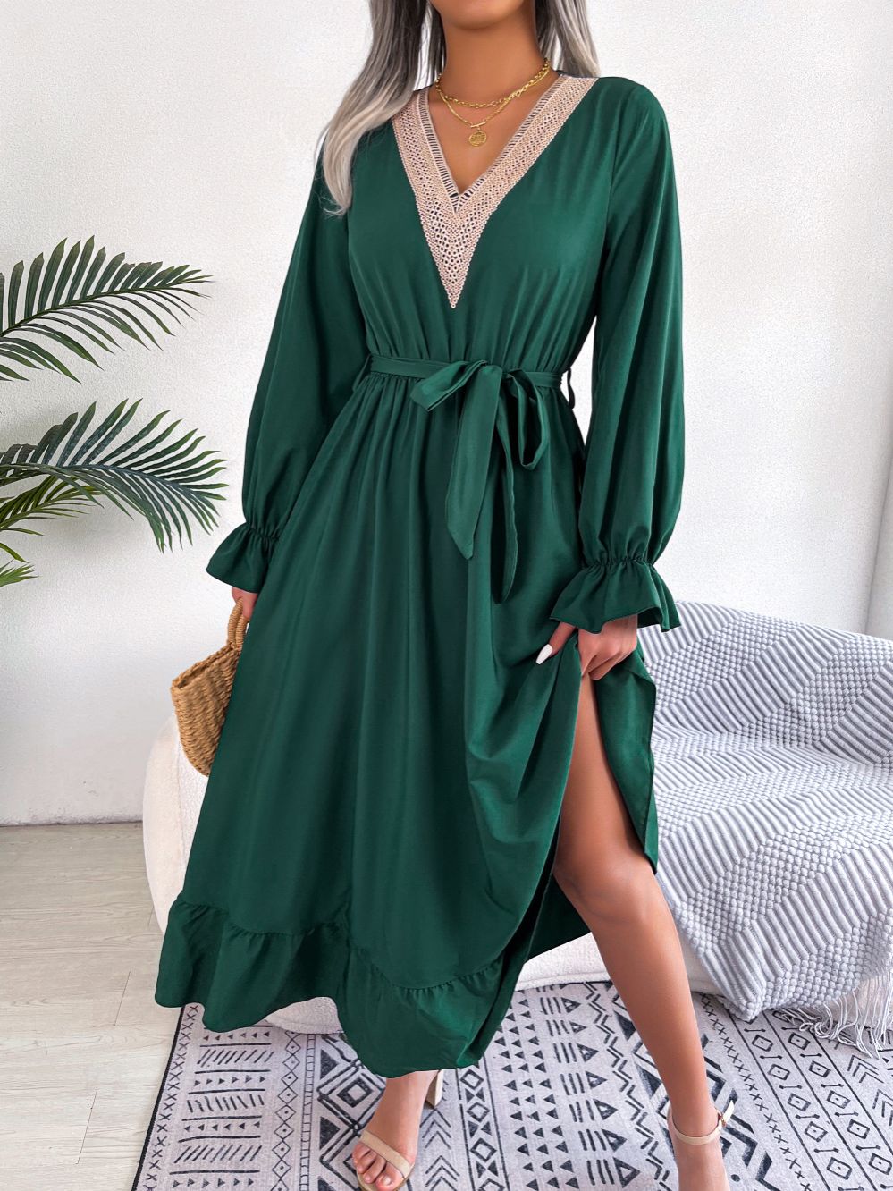 Fashion Women Summer Spring Explosive Custom Models V-neck Long-sleeved Chiffon Dresses in the Long Dress