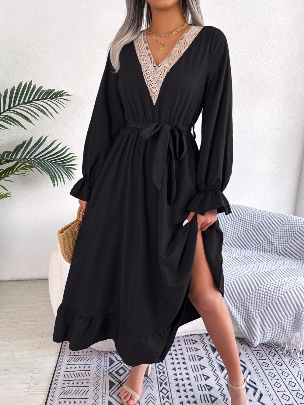 Fashion Women Summer Spring Explosive Custom Models V-neck Long-sleeved Chiffon Dresses in the Long Dress