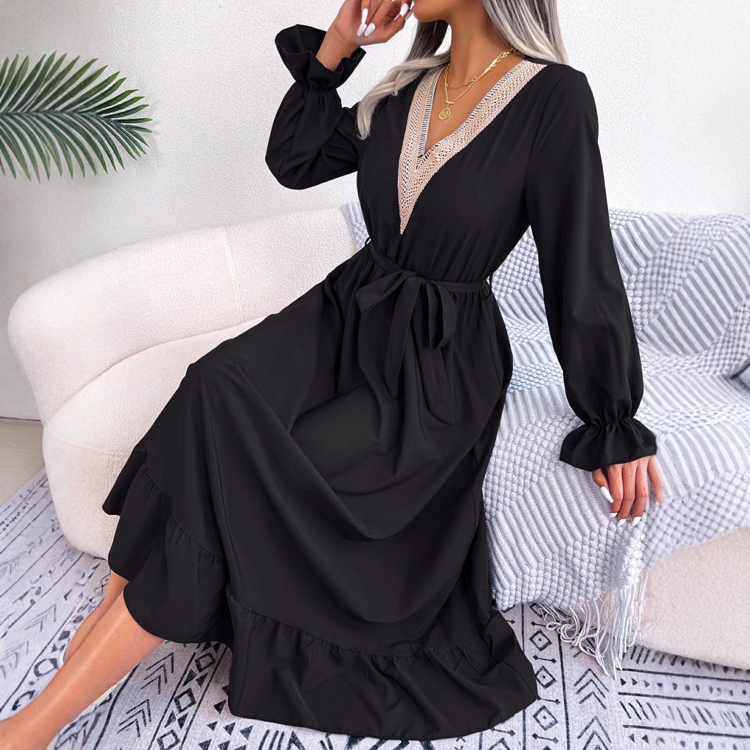 Fashion Women Summer Spring Explosive Custom Models V-neck Long-sleeved Chiffon Dresses in the Long Dress