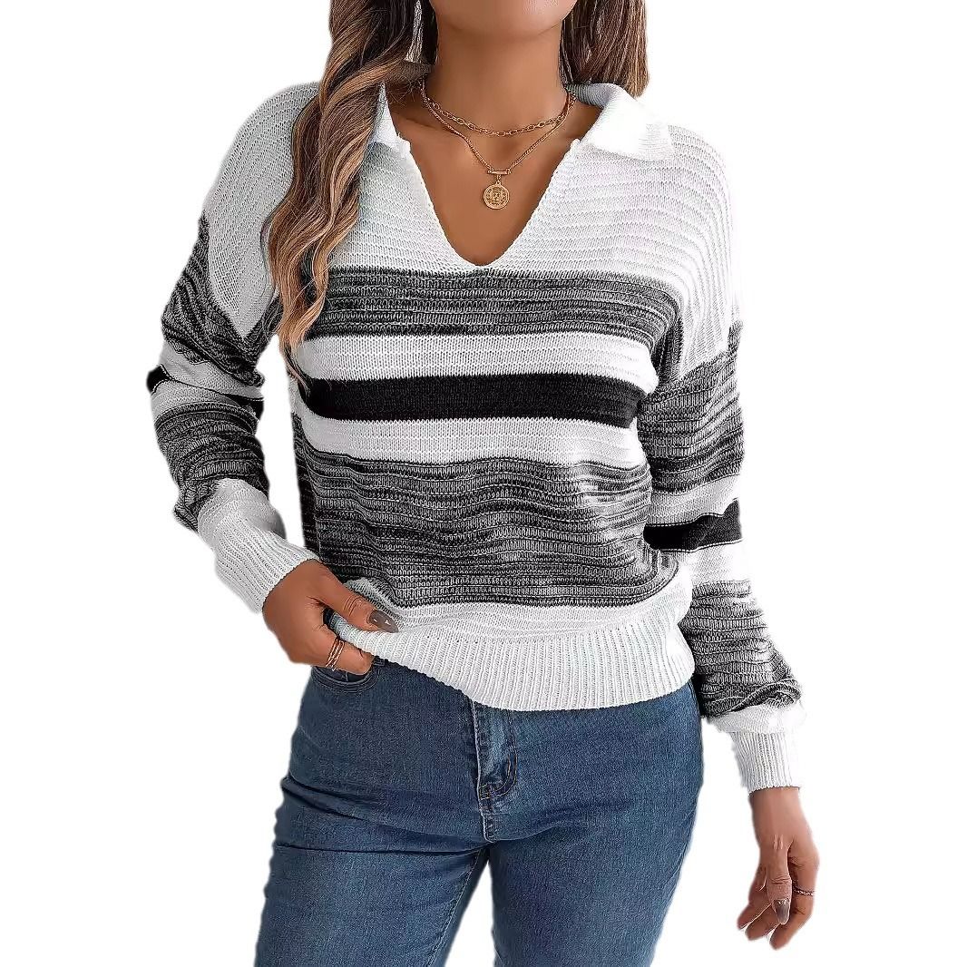 Striped Cashmere Knit V-neck Polo Sweater for Women  Sweaters Cardigans