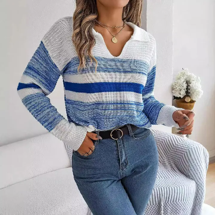 Striped Cashmere Knit V-neck Polo Sweater for Women  Sweaters Cardigans