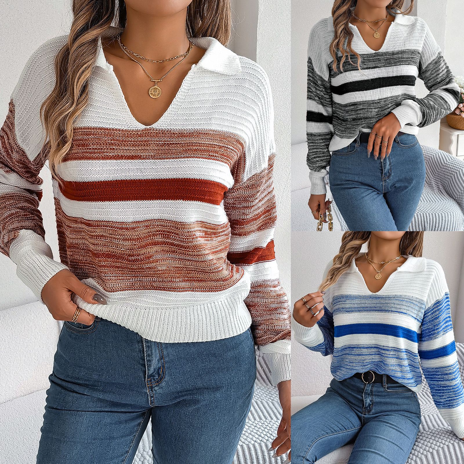 Striped Cashmere Knit V-neck Polo Sweater for Women  Sweaters Cardigans