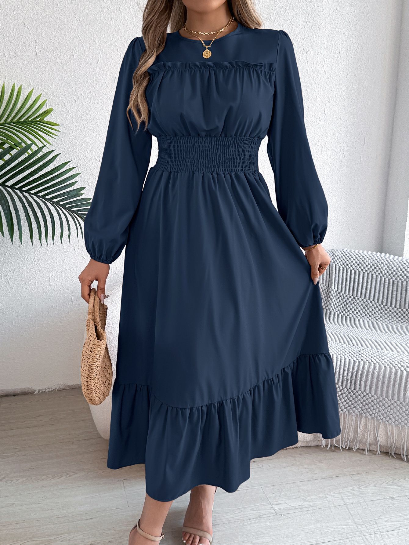 Wholesale Custom Backless Lantern Sleeve Ruffle Women's Casual Pleated Dresses Summer Solid Chiffon Dresses Pretty Dresses