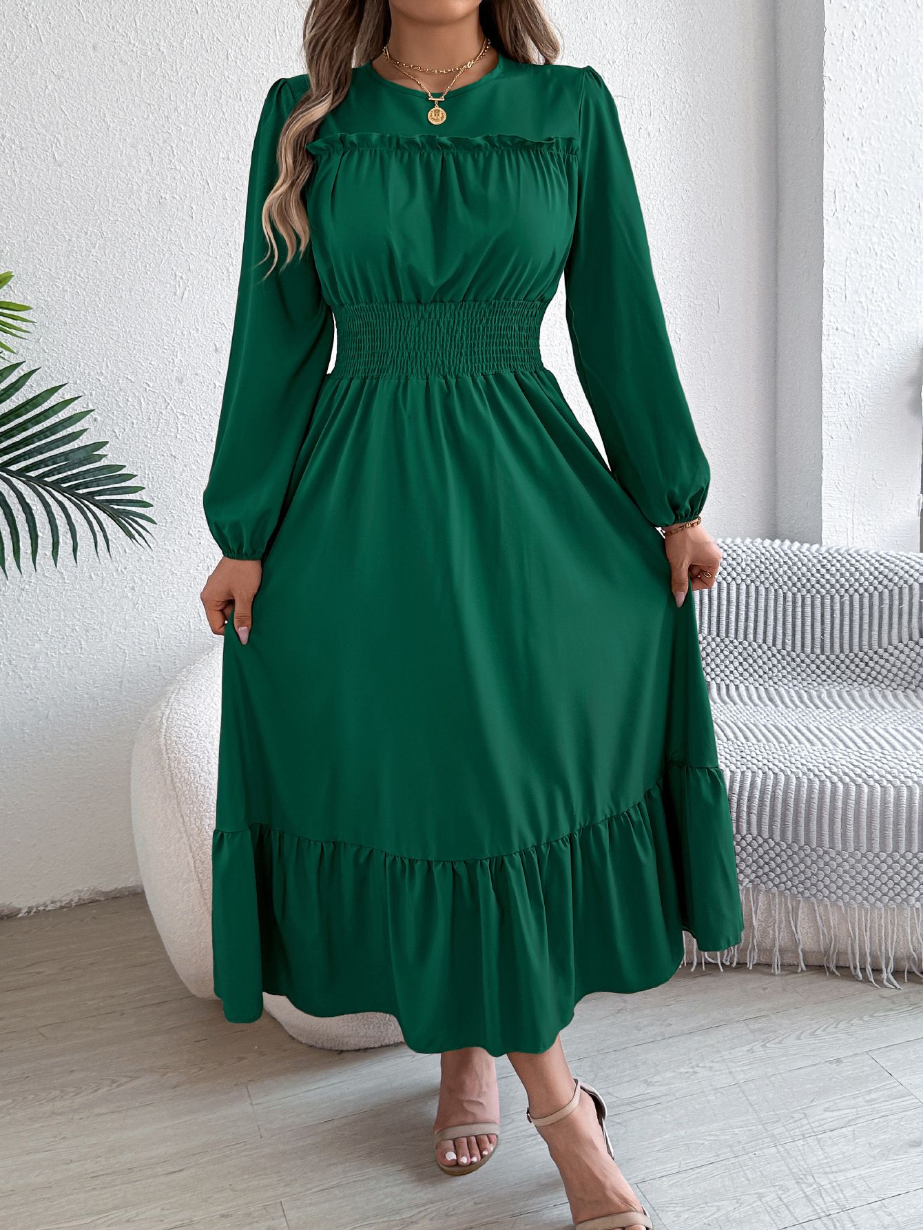 Wholesale Custom Backless Lantern Sleeve Ruffle Women's Casual Pleated Dresses Summer Solid Chiffon Dresses Pretty Dresses