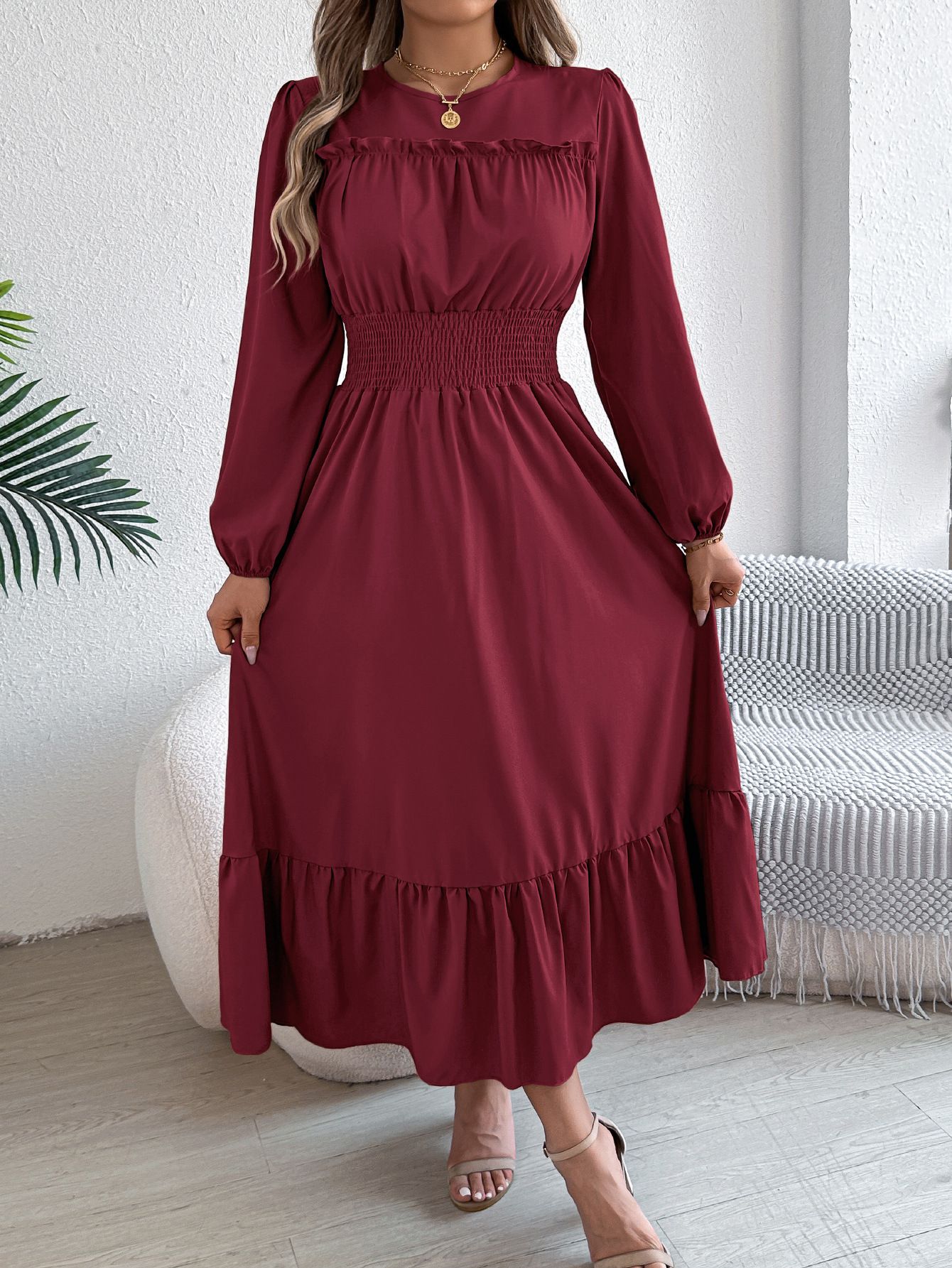 Wholesale Custom Backless Lantern Sleeve Ruffle Women's Casual Pleated Dresses Summer Solid Chiffon Dresses Pretty Dresses
