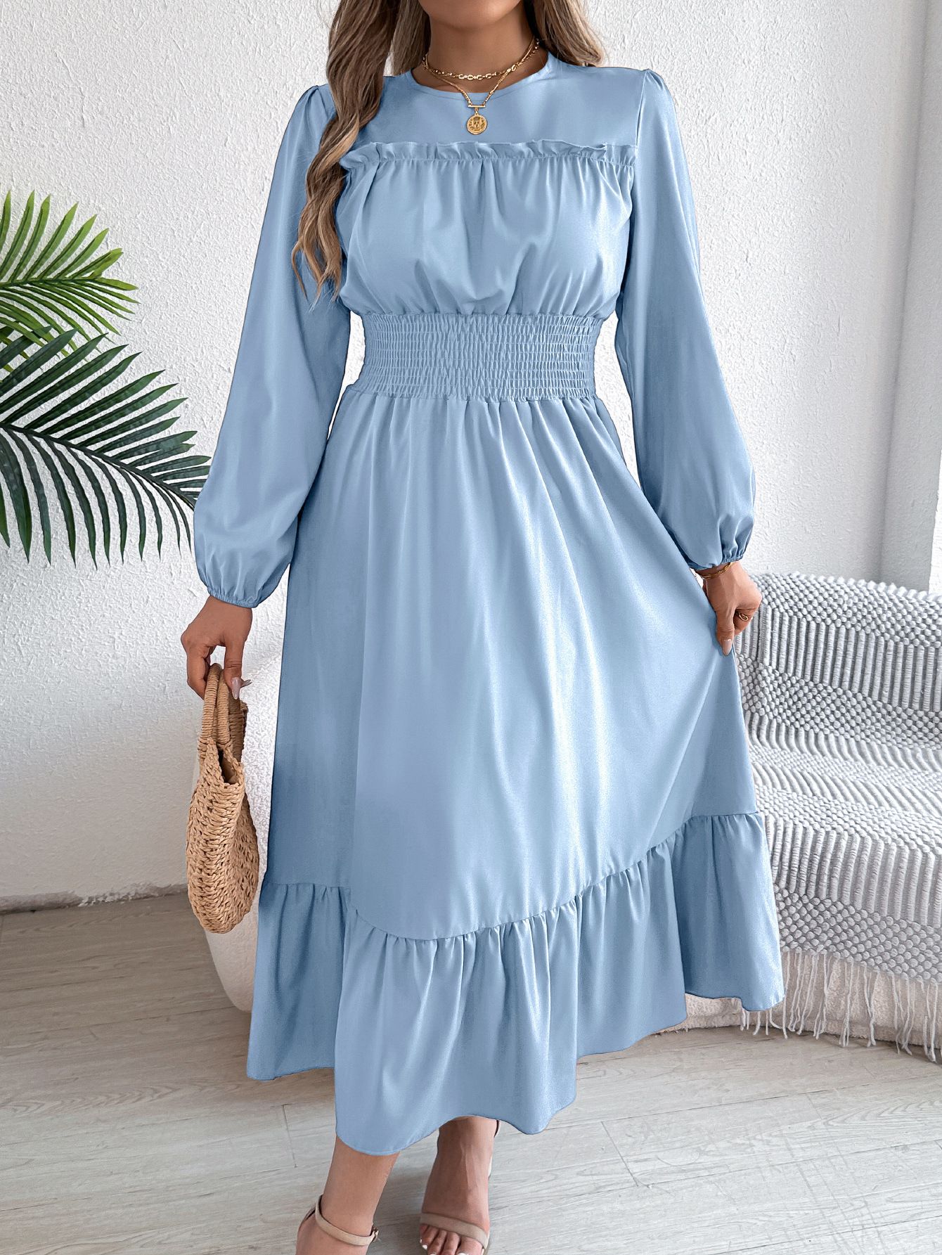 Wholesale Custom Backless Lantern Sleeve Ruffle Women's Casual Pleated Dresses Summer Solid Chiffon Dresses Pretty Dresses