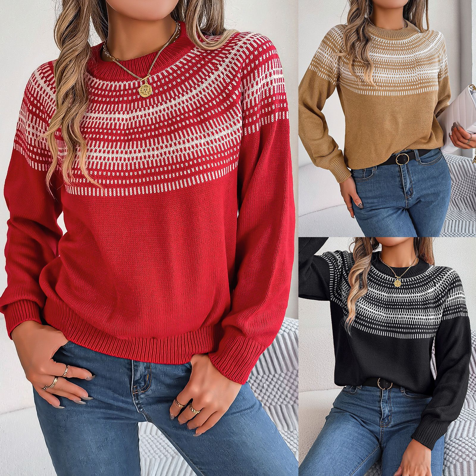 Direct Manufacturer Custom Women's Long-Sleeved Pullover Winter Clothing Warm Fashion Casual Cotton Front Logo Knitted Weaving  Sweaters