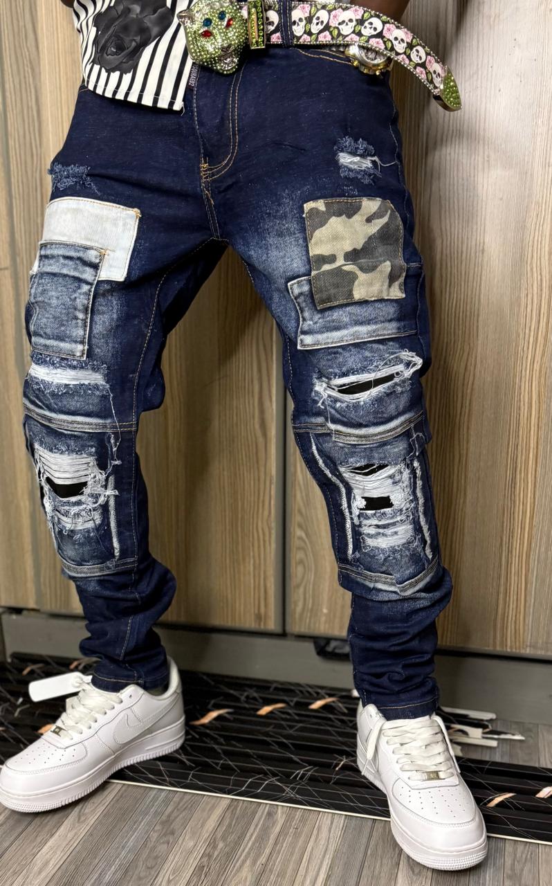 Men's Classic Denim Work Pants with Pockets, Slim Fit Stretch Jeans, and Casual Trousers ragged, patched skinny