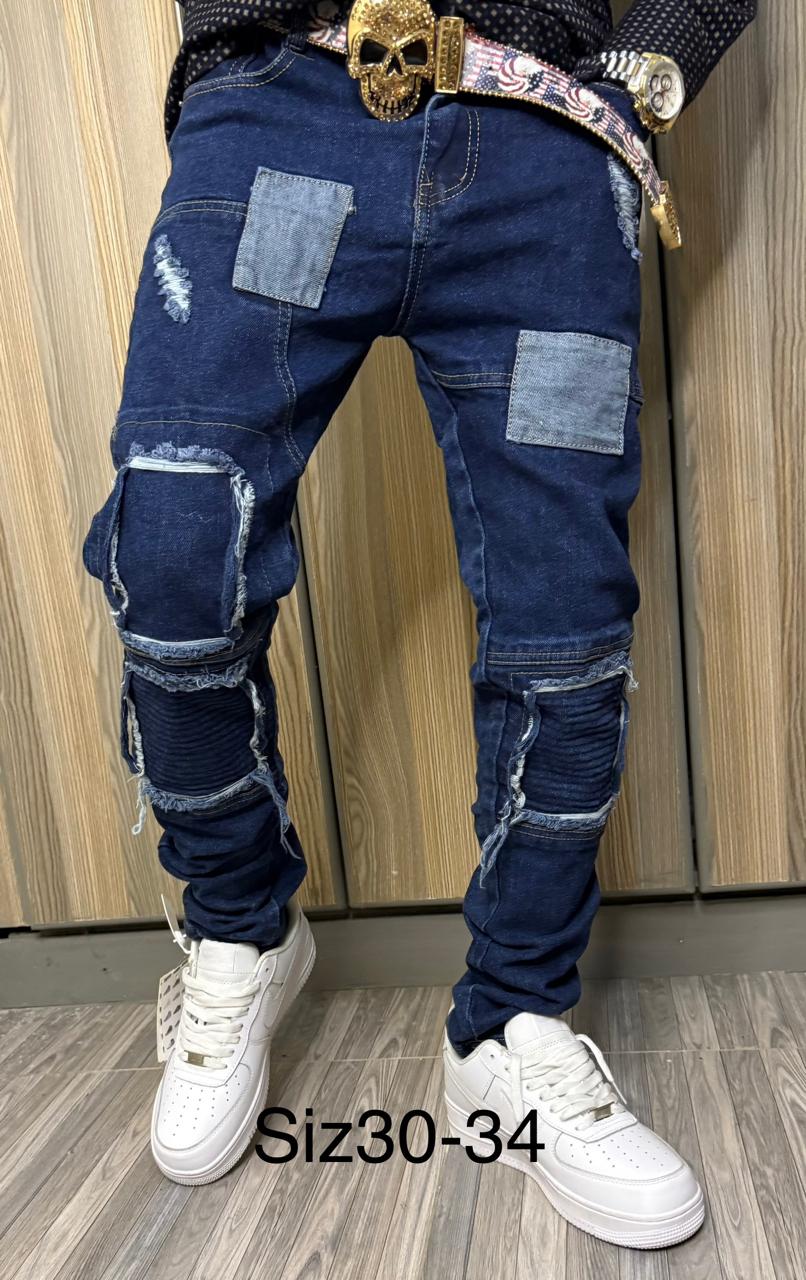Men's Classic Denim Work Pants with Pockets, Slim Fit Stretch Jeans, and Casual Trousers ragged, patched skinny