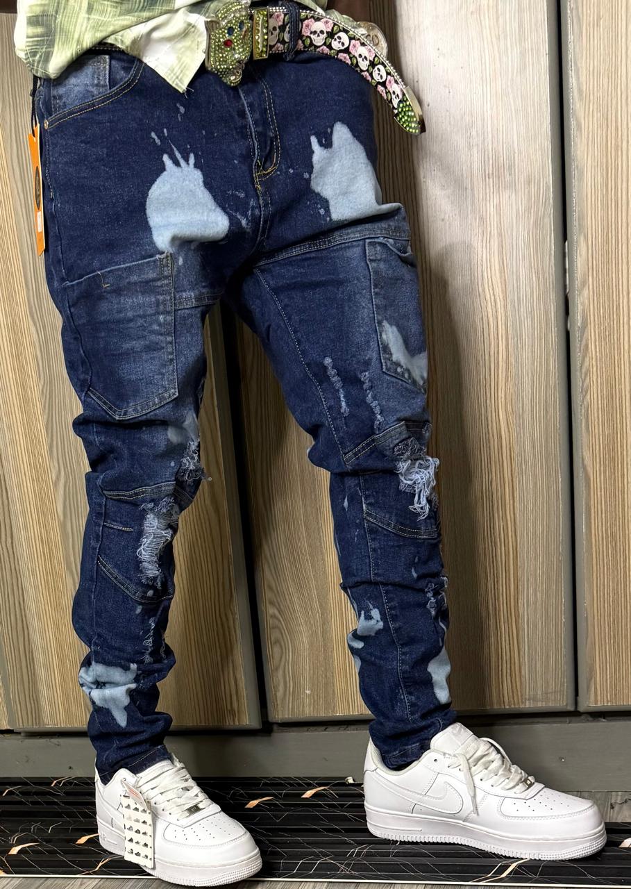 Men's Classic Denim Work Pants with Pockets, Slim Fit Stretch Jeans, and Casual Trousers ragged, patched skinny