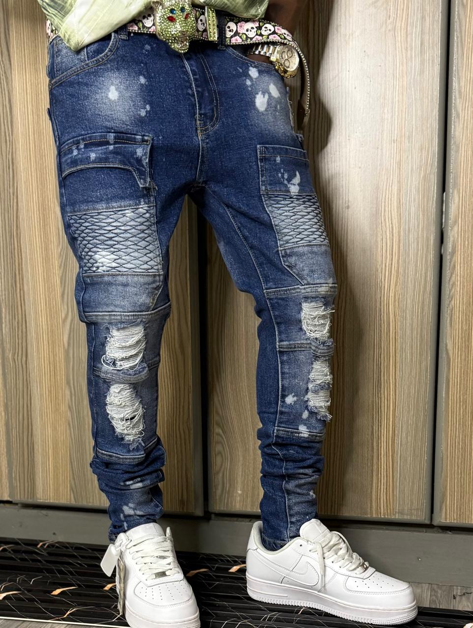 Men's Classic Denim Work Pants with Pockets, Slim Fit Stretch Jeans, and Casual Trousers ragged, patched skinny