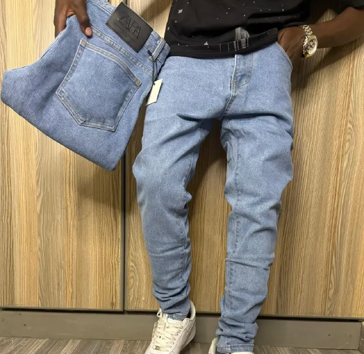 high quality Men's Classic Denim Work Pants with Pockets, Slim Fit Stretch Jeans, and Casual Trousers ragged, patched skinny