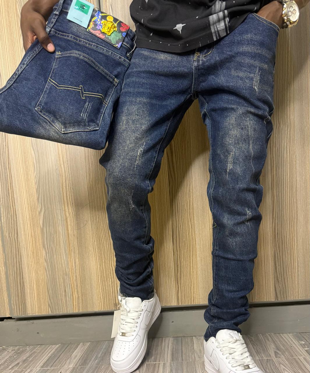 high quality Men's Classic Denim Work Pants with Pockets, Slim Fit Stretch Jeans, and Casual Trousers ragged, patched skinny