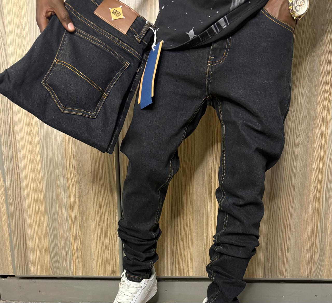 high quality Men's Classic Denim Work Pants with Pockets, Slim Fit Stretch Jeans, and Casual Trousers ragged, patched skinny