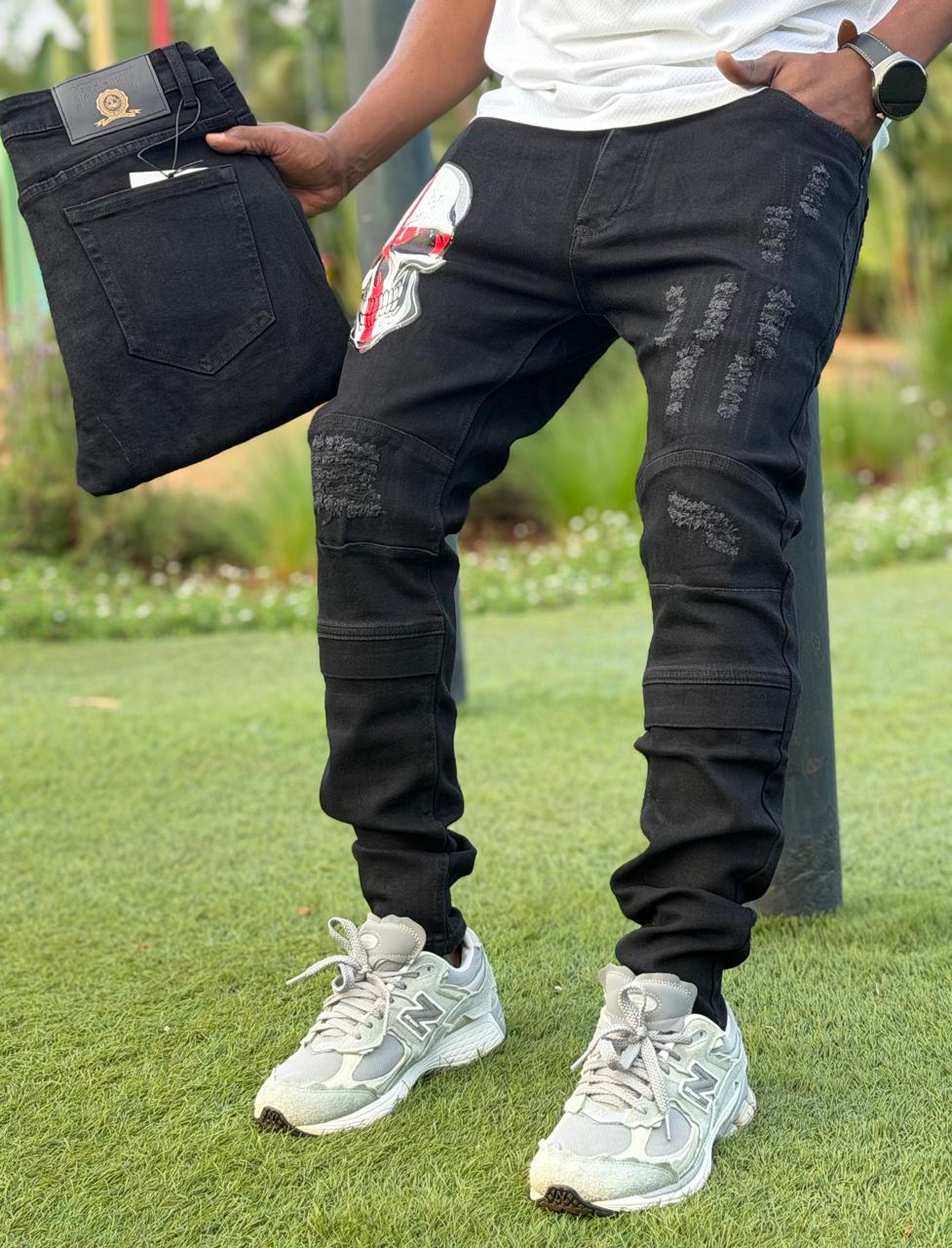 Men's Classic Denim Work Pants with Pockets, Slim Fit Stretch Jeans, and Casual Trousers ragged, patched skinny