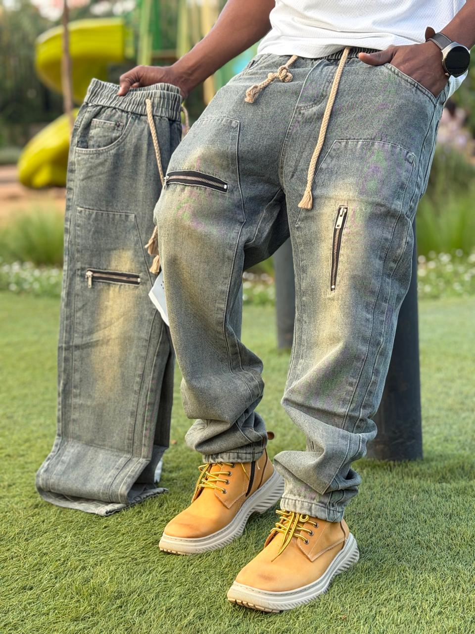 Men's Classic Denim Work Pants with Pockets, Slim Fit Stretch Jeans, and Casual Trousers ragged, patched skinny