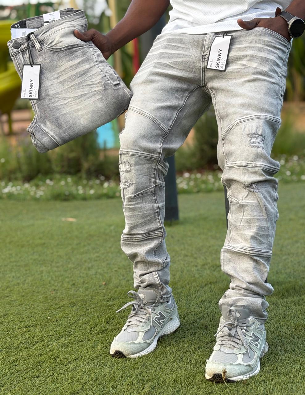 Men's Classic Denim Work Pants with Pockets, Slim Fit Stretch Jeans, and Casual Trousers ragged, patched skinny