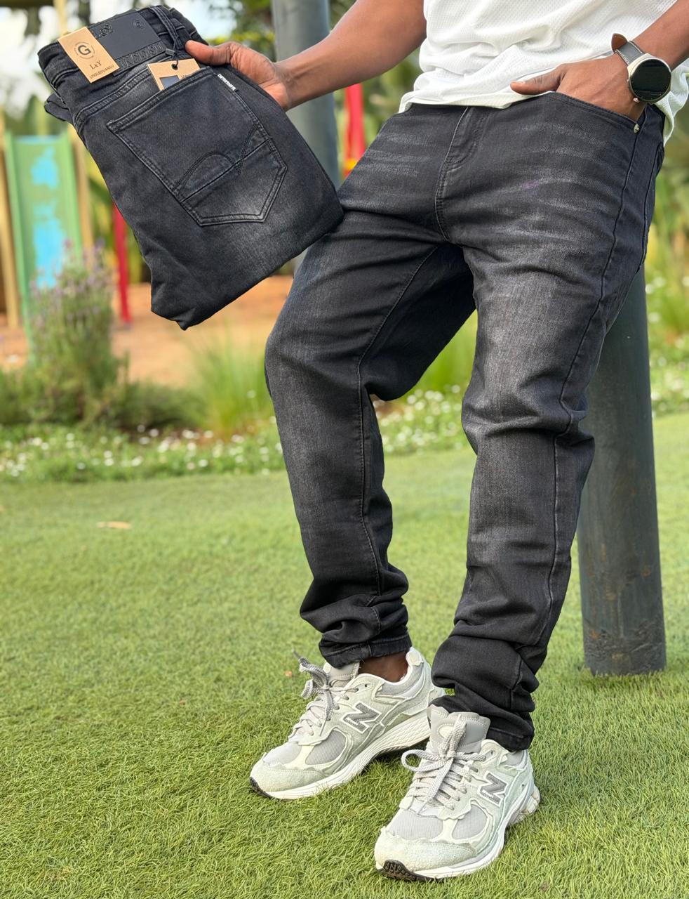 Men's Classic Denim Work Pants with Pockets, Slim Fit Stretch Jeans, and Casual Trousers ragged, patched skinny