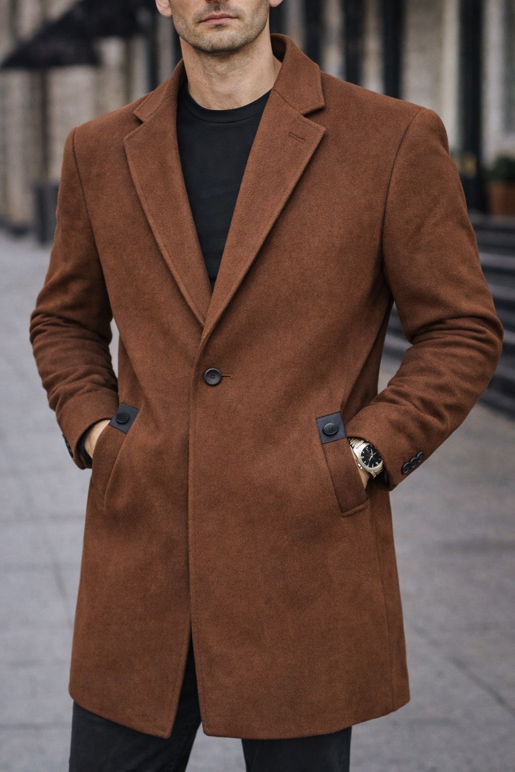 Mens Trench Coat Slim Fit Notched Collar Fall Winter Single Breasted Pea Coat Warm Soft Overcoat (The Modern Man's Black Wool Blend Slim Fit Overcoat)